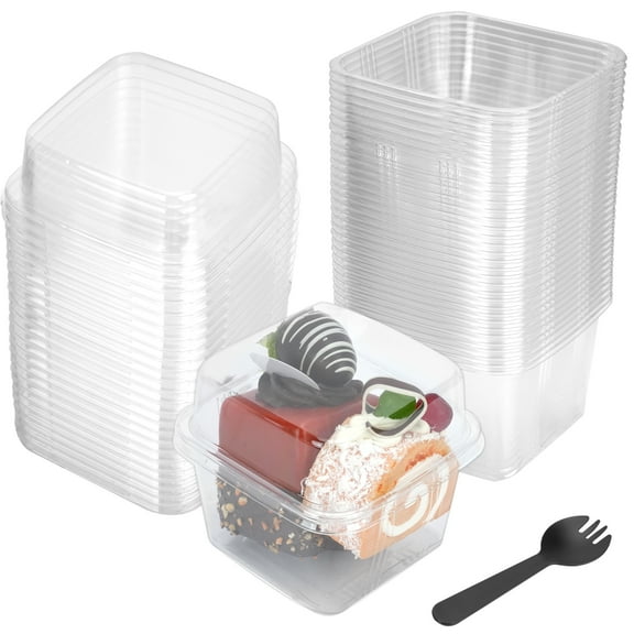 50 Pcs 8oz Clear Plastic Dessert Cups with Lids and Sporks, Disposable Snack Bowls for Ice Cream Containers, Square Parfait Cups for Cupcake, Pudding, Yogurt, Parfait, Fruits, Mousse