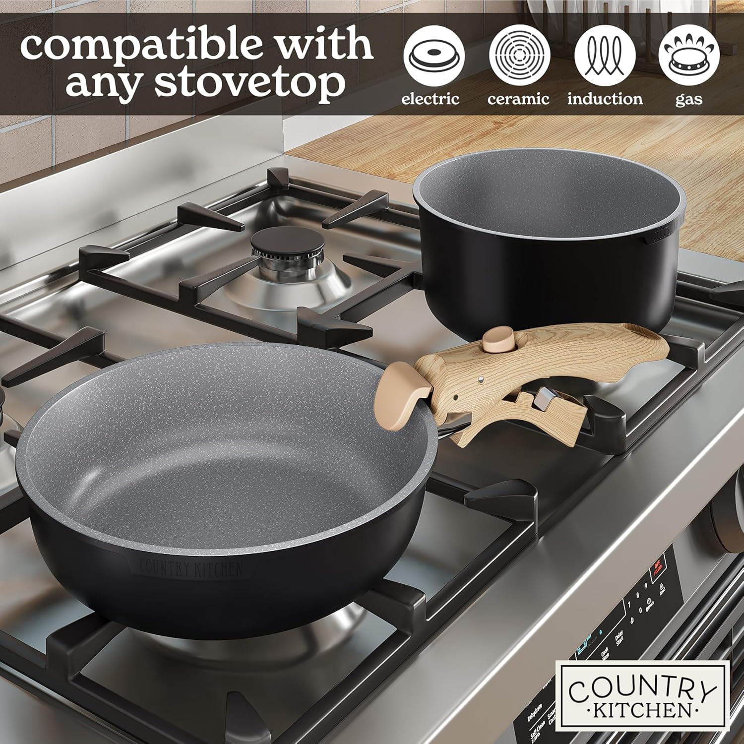 Country Kitchen Pots and Pans Cookware Set, 16-Piece, Ceramic Coated, Removable Handle, Black/Grey