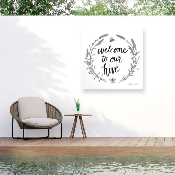 Sara Zieve Miller 'Happy to Bee Home Words II' Outdoor Canvas 18x18