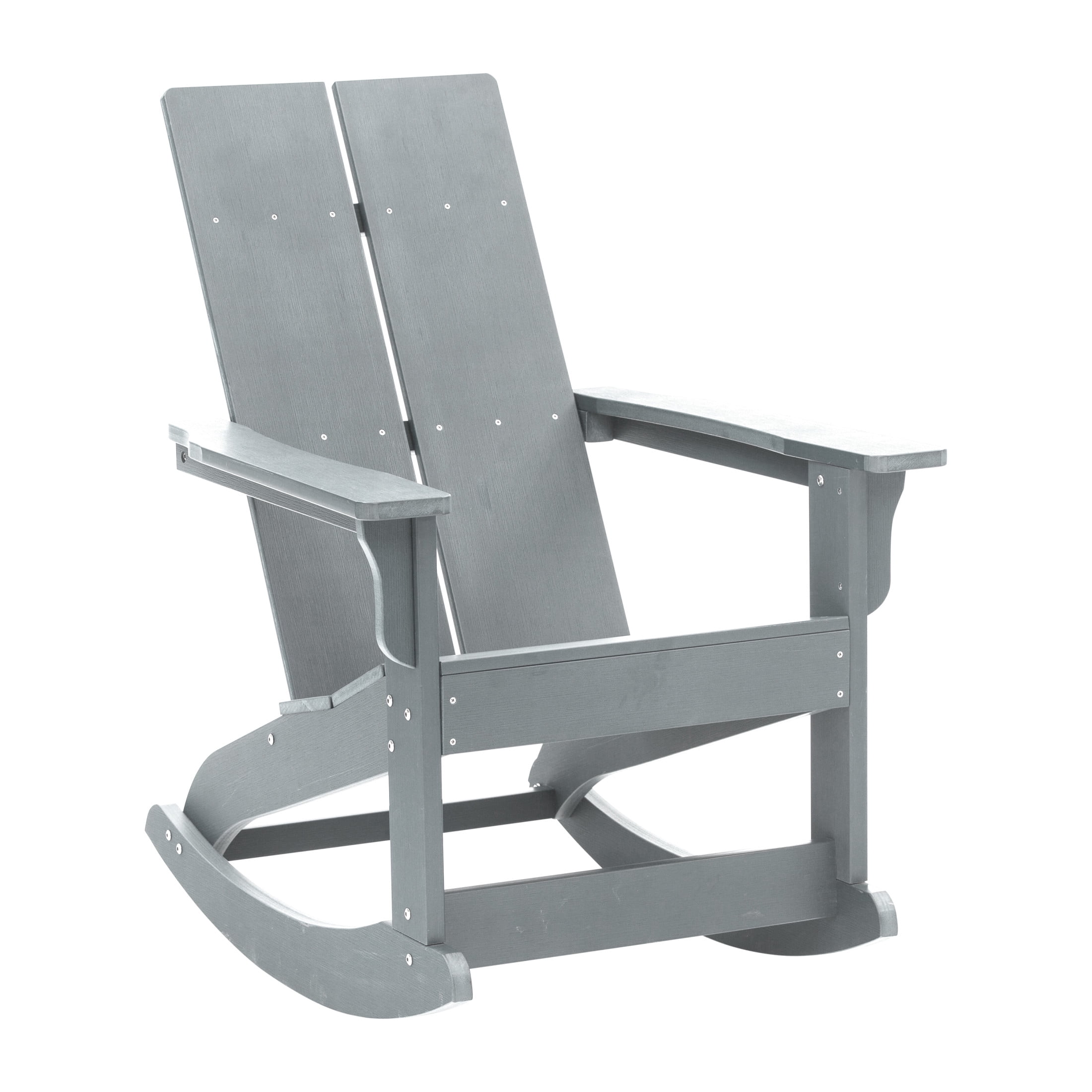 BizChair Modern Commercial Grade All-Weather 2-Slat Poly Resin Wood Rocking Adirondack Chair with Rust Resistant Stainless Steel Hardware in Gray