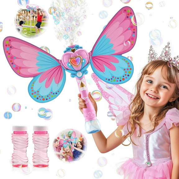 RuWeoMaa Bubble Wands for Kids, LED Light Princess Toys with 2 Solutions, Butterfly toys, Outdoor Party Birthday Toys for Toddlers, Bubble Gun Gift for 3 4 5 6 7 8 Year Old