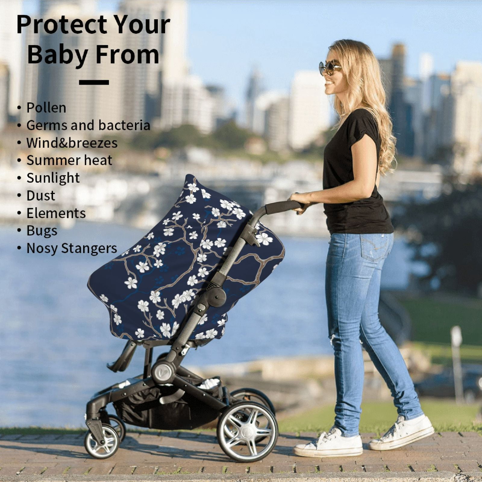 Fotbe Cherry Blossoms on Navy Background Pattern Car Seat Covers for Babies, Nursing Breastfeeding Cover Infant Carseat Canopy, Soft Stretchy Carrier Cover