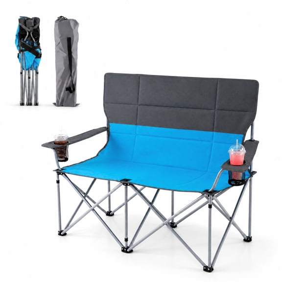 Costway Double Camping Loveseat with Carry Bag, 2 Cup Holders, Premium Oxford Fabric for Lawn Blue Gray