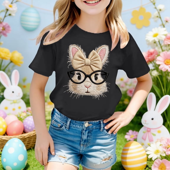Adorable Bunny Print Girls Short Sleeve Tee with Bow Tie Casual Summer Top for Toddlers and Kids Short Sleeve Shirt for Girls Tees Kids Tshirts Clothes Summer Tops T-Shirt