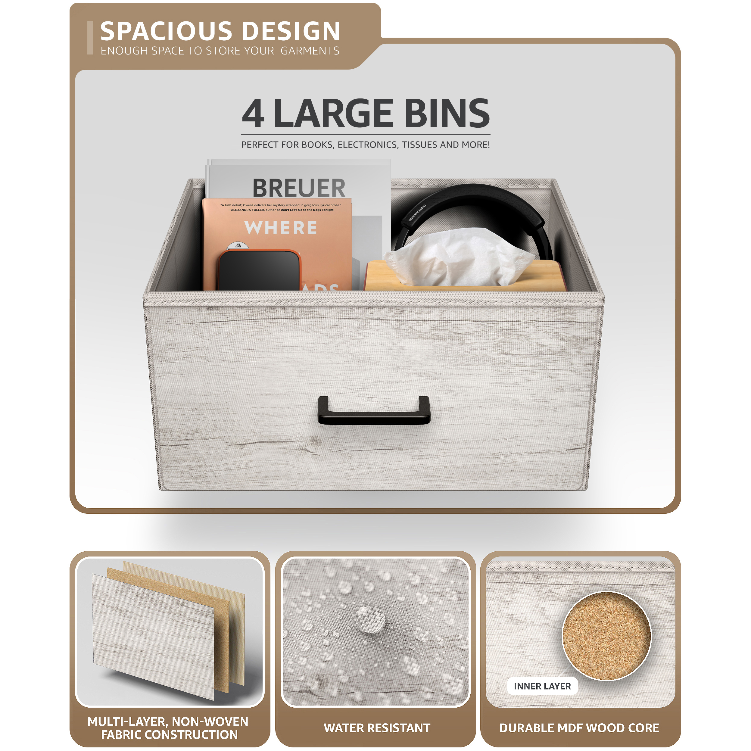 Sorbus 4-Drawer Nightstand, Bedside Table with Steel Frame, Wood Top, Rustic Beige