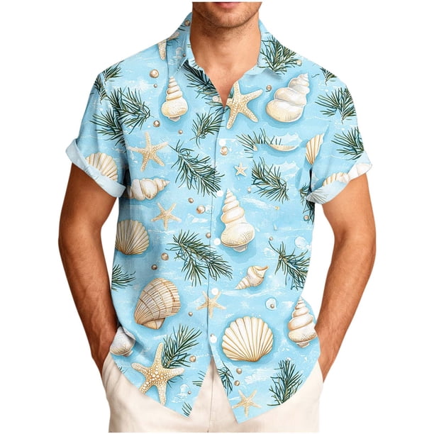 Mens Casual Manga Corta Botón Abajo Camisas Impresas Turndown Cuello Blusa, Top de Moda de Verano para el Uso Diario