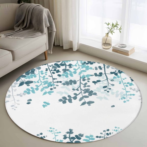 Round Area Rugs Collection 4 Ft, Teal Blue Leaves Non-Slip Residential Carpet, Summer Botanical Indoor Crawling Mats Runner Rugs for Living Room/Dining Room/Bedroom
