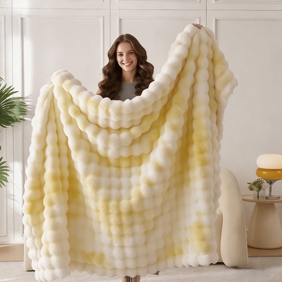 ROSEKIND ultra-soft 680GSM Faux Fur Ribbed Throw Blanket for Sofa & Bed, Cozy Gift for Adults & Friends, 60x70in, Tie-dye Yellow