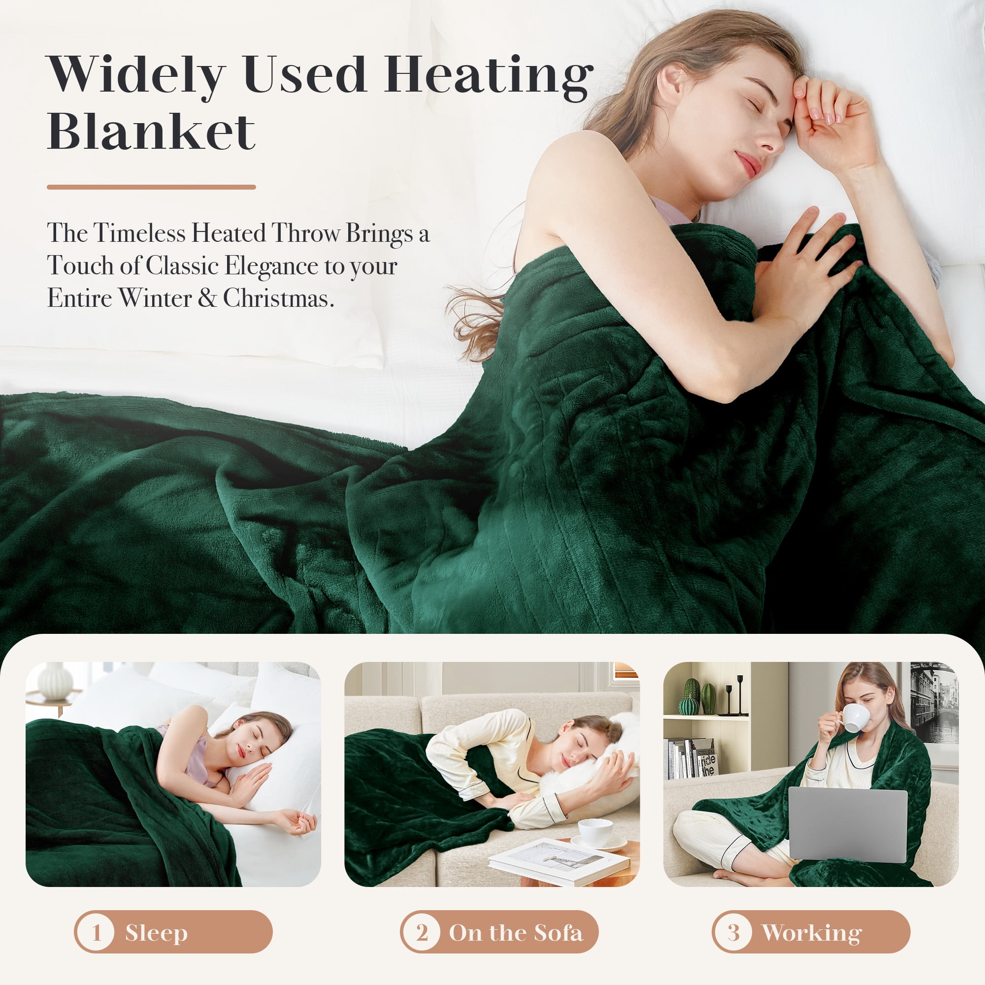WISHEAD Electric Heated Throw Blanket with 9 Heat Levels & Auto Shut-Off, Plush Dual-Sided Flannel for Couch & Travel, Machine Washable, 50"x60", Green