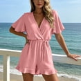 thumbnail image 6 of VBVC Women's Wrap V-Neck Drawstring Romper , Ladies' Ruffle Short Sleeve Jumpsuit , Casual Summer Playsuit For Women,Pink,S-3XL, 6 of 8