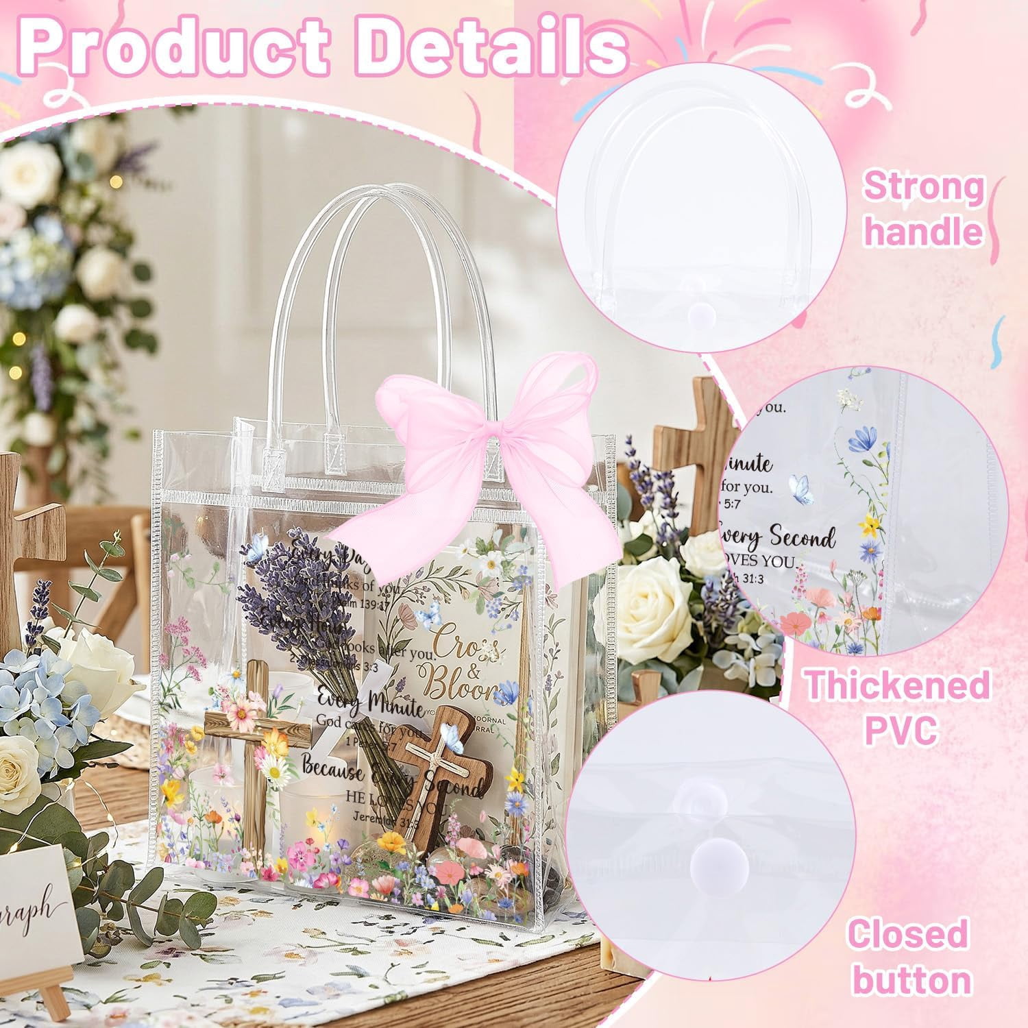 Christian Clear Gift Bags - 20 Pcs Religious Bible Flower Clear PVC Goodie Candy Treat Bags with Handle Inspirational Verse Handbag with Ribbon for Religious Baptism Themed Party Supplies