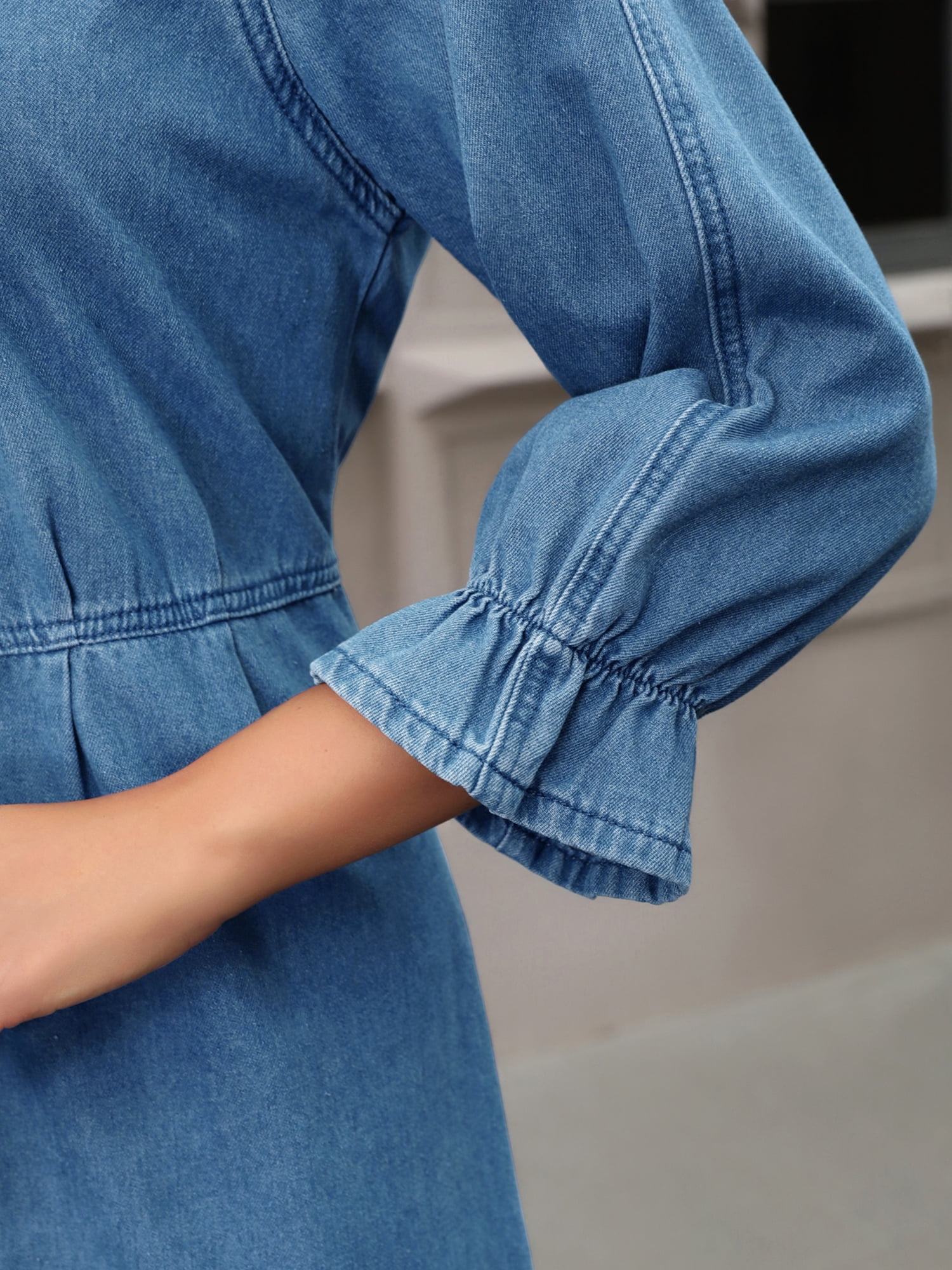 DARING DIVA Women's Ruffle 3/4 Sleeve Jean Button Down Shirt Dress L Blue