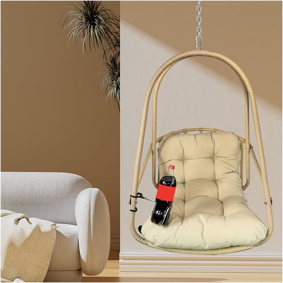 JERFIT Rattan Egg Chair with Stand, 350lb Capacity Patio Hanging Chair with Removable Safety Rail & Cup Holder, Beige Wicker Swing Chair for Indoor Outdoor Use
