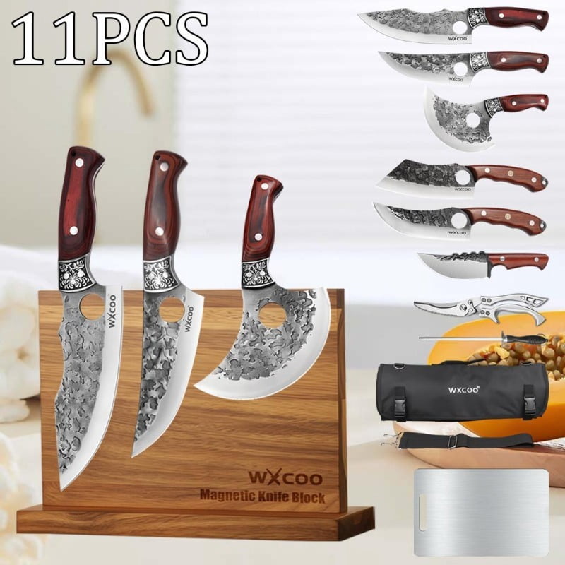 11PCS Professional Stainless Steel Knife Set with Magnetic Wooden Knife Holder Multipurpose Kitchen Knives for Meat Sashimi Utility Fruit and Beef Including Kitchen Scissors Gifts for Men Household