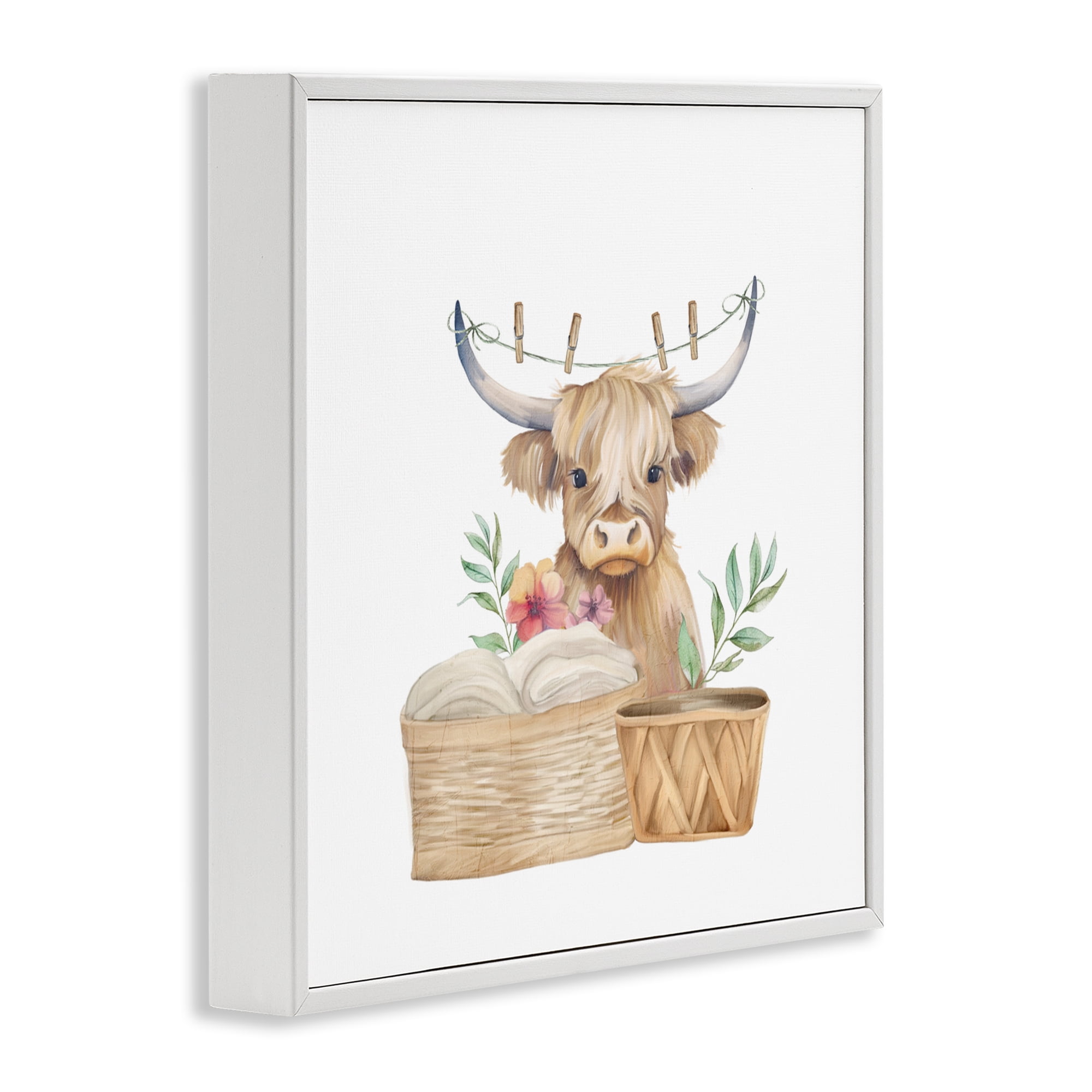 Laundry Day Baby Cattle White Framed Giclee Art, design by Kim Allen