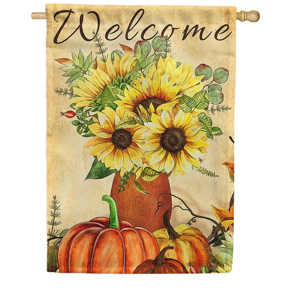 America Forever Welcome Fall Sunflower House Flag 28 x 40 inch Autumn Harvest Pumpkins Fall Leaves Floral Vase Seasonal Yard Outdoor Autumn Decorations Double Sided Flag
