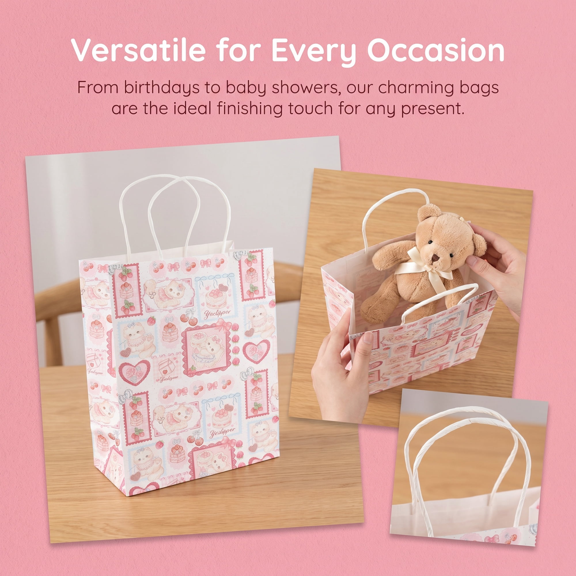 Unique Bargains 6Pcs Thick Cartoon Paper Gift Bags with Handles Cherry 8.3" x 4.3" x 10.6"