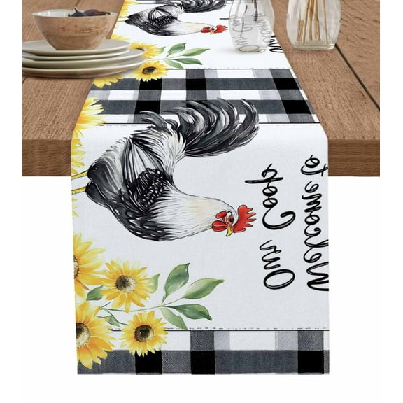 Retro Rooster Burlap Cotton Table Runner 13x90 Inches Long, Pastoral Sunflower Black White Plaid Farmhouse Table Runners, Outdoor Dining Tablecloths Decor for Baby Shower/Party/Wedding