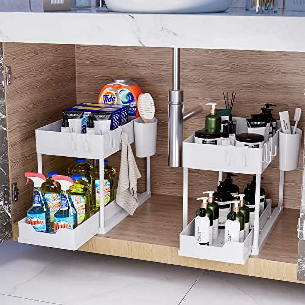 Puricon 1 Pack Under Sink Organizers and Storage Pull Out Sliding Drawer, 2 Tier Multi-purpose Kitchen Under the Sink Organizer Under Bathroom Sink Shelf Storage Rack for Countertop Laundry -White