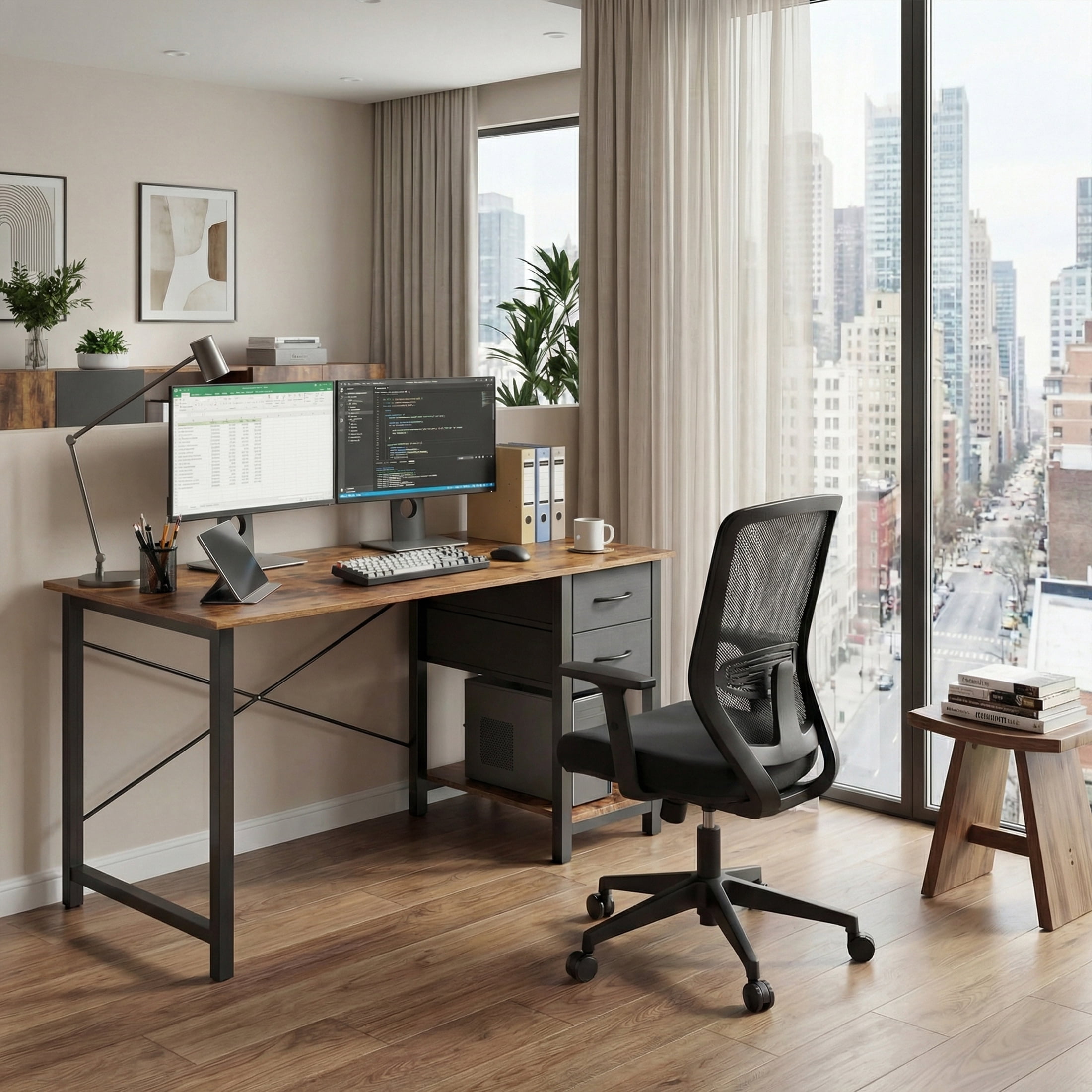 CONCETTA 47in Small Computer Desk with 2 Drawers, Writing Work Study Computer Desk, Side Headphone Hook, Modern Style for Home Bedroom, Rust Brown