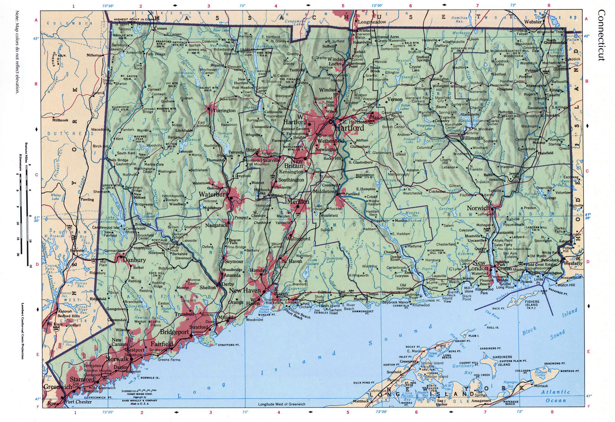 Laminated Map - Large detailed roads and highways map of Connecticut 