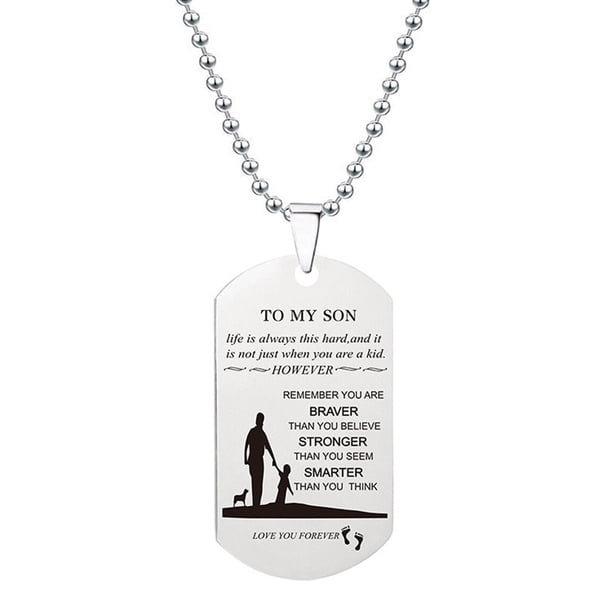 Collar para mujer, joyería para mujer, collar con placa de acero inoxidable, regalo unisex para familia y amigos, recuerda que eres más valiente que tú, padre, madre, hijo e hija. Colgante de cadena.