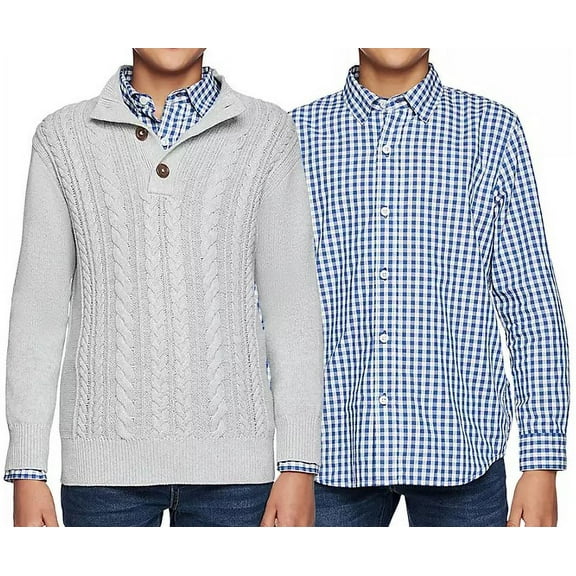 Gap Kids Boys' Sweater and Woven Shirt Set (Grey/Blue, XL (14/16))
