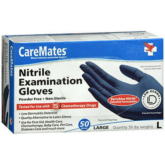 CareMates Powder Free Nitrile Examination Gloves, Large, 50 Count