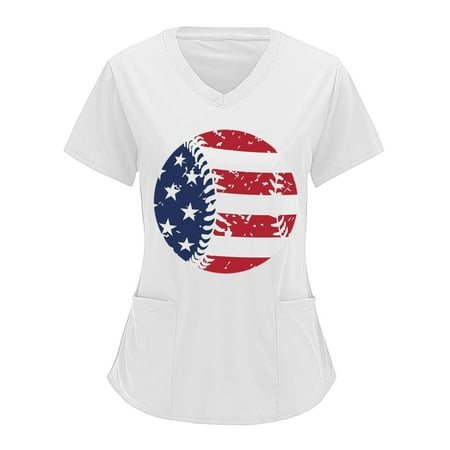 

4th Of July American Flag Tops Scrubs For Women Tops Blue Print Short Sleeve V Neck Solid Shirts Blouse With Pocket Nursing Uniforms For Women