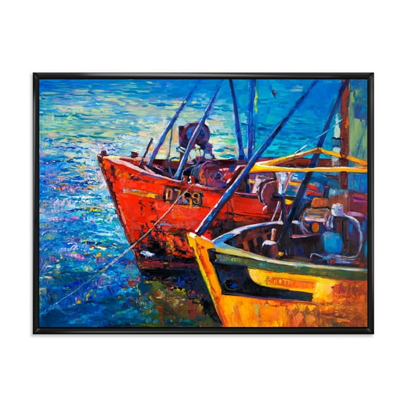 Boats During Warm Sunset Resting On The Water VII 20 in x 12 in Framed Painting Canvas Art Print, by Designart