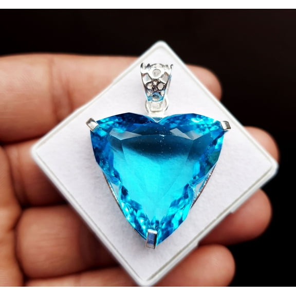 72 Carat Blue Topaz Trillion Shape 925 Solid Silver Pendant Gemstone