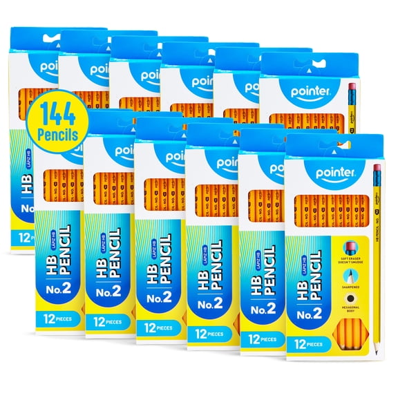 Pointer #2 HB Wooden Pencils, Yellow, 12 Pencils per Pack, 12 Packs (144 Total Pencils)