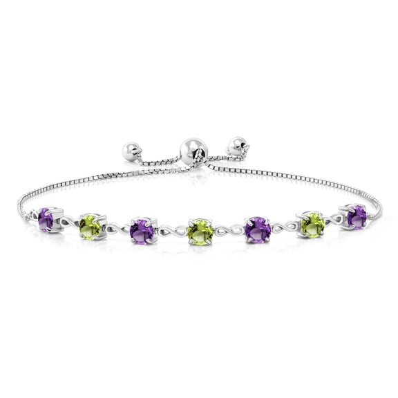 Gem Stone King 925 Sterling Silver Purple Amethyst and Green Peridot Infinity Tennis Bracelet for Women (2.67 Cttw, Gemstone February Birthstone, Round 4.5MM, Fully Adjustable up to 9 inch)