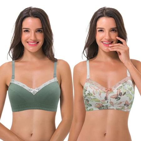 

Curve Muse Women s Nursing Plus Size Wirefree Cotton Bra With Upper Lace-2Pack-CREAM/ORG SAGE-46DDD