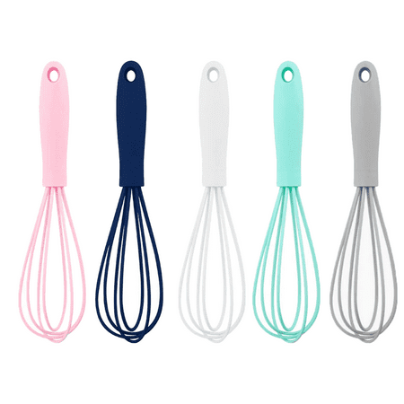 

Silicone Whisk Kitchen Tool 5pcs Mini Silicone Whisks for Cooking High Heat Resistant to Non-Stick Cookware Pink + Ink Blue + White + Cyan + Gray