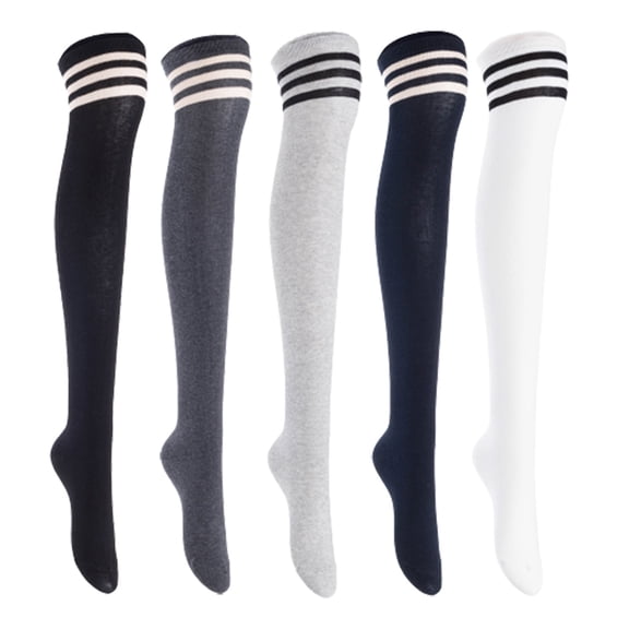 Lian LifeStyle Women's 5 Pairs Adorable Comfortable Soft Thigh High Over Knee High Cotton Socks, Size 6-9, JMYP1022 Black, DarkGrey, LightGrey, Navy, White