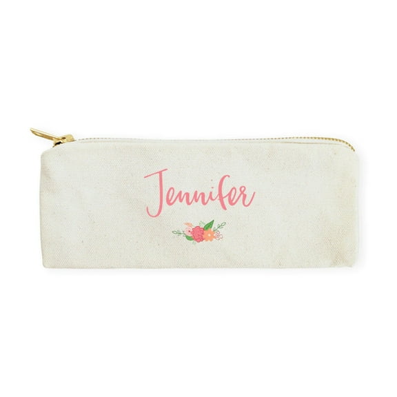 Personalized Name Colored Floral Cotton Canvas Pencil Case and Travel Pouch