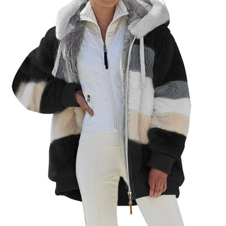 FNFYFH Winter Color Block Coat for Women Zipper Fleece Hoodies Jackets with Drawstring Warm Fluffy Outerwear with Pockets Womens Plus Size Overcoats S-5XL Clearance Deals Today
