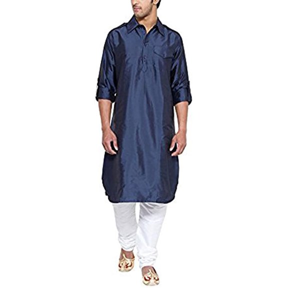 Royal Men's Pathani Silk Blend Kurta & Churidaar Set Blue