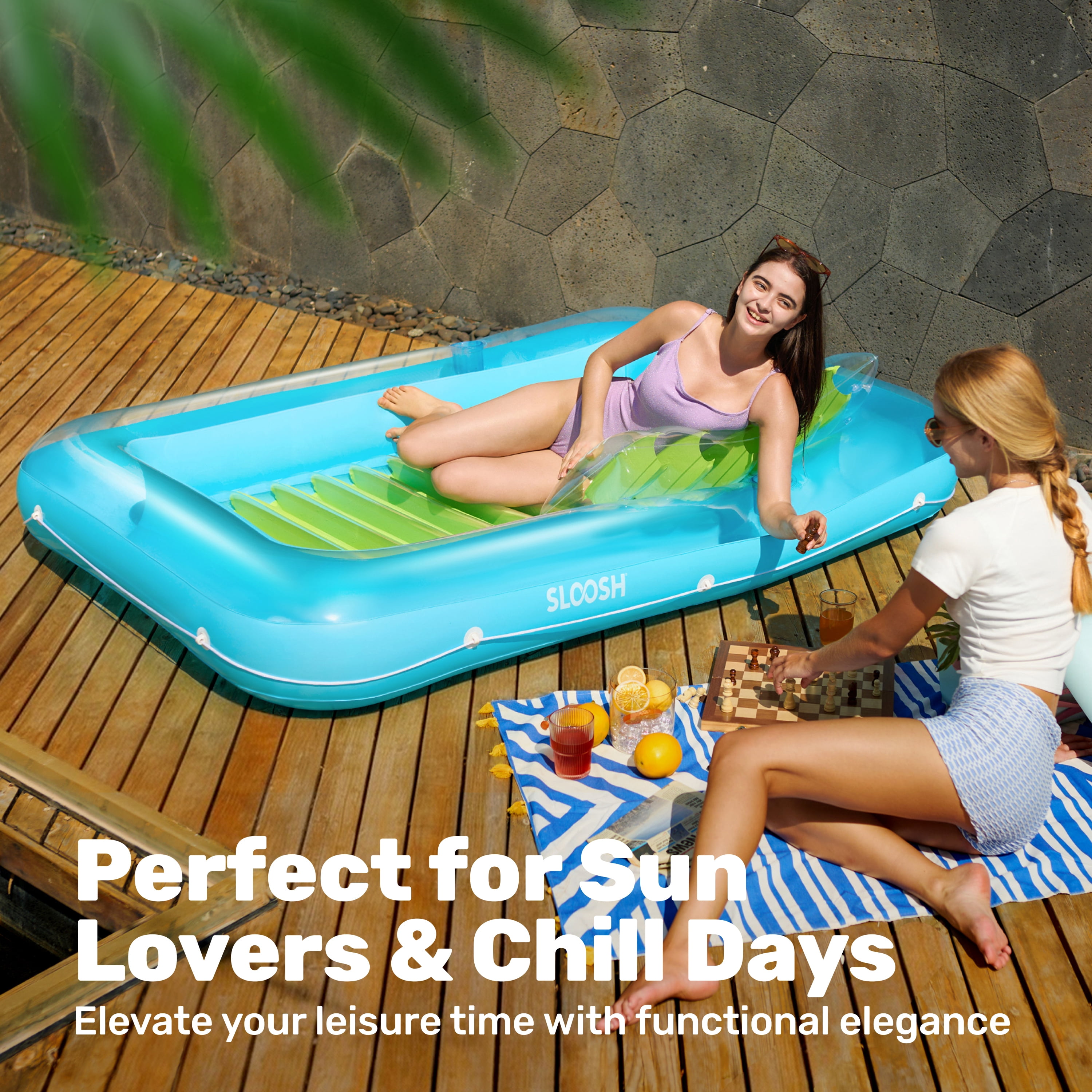SLOOSH Inflatable Tanning Pool Lounger Float, 85" x 57" Extra Large Suntan Sun Tan tub for Adults, Tanning chair, Bed Blow up, Raft Lounge Floatie,XL-Blue Green
