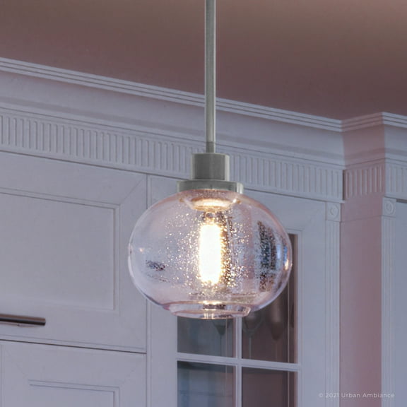 Luxury Utilitarian Indoor Pendant, 7.50''H x 8.00''W, with Coastal Style Elements, Nautical Design, Brushed Nickel Finish and Clear Seeded Glass, UQL3320