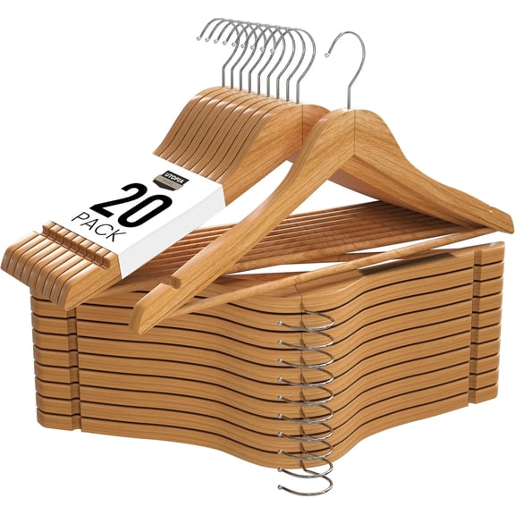 Xuet 20 Pack Natural Wooden Coat Hangers, Heavy Duty Durable Clothes Hangers with 360° Rotatable Hook & Non-Slip Shoulder Notches for Shirts Coats Closet
