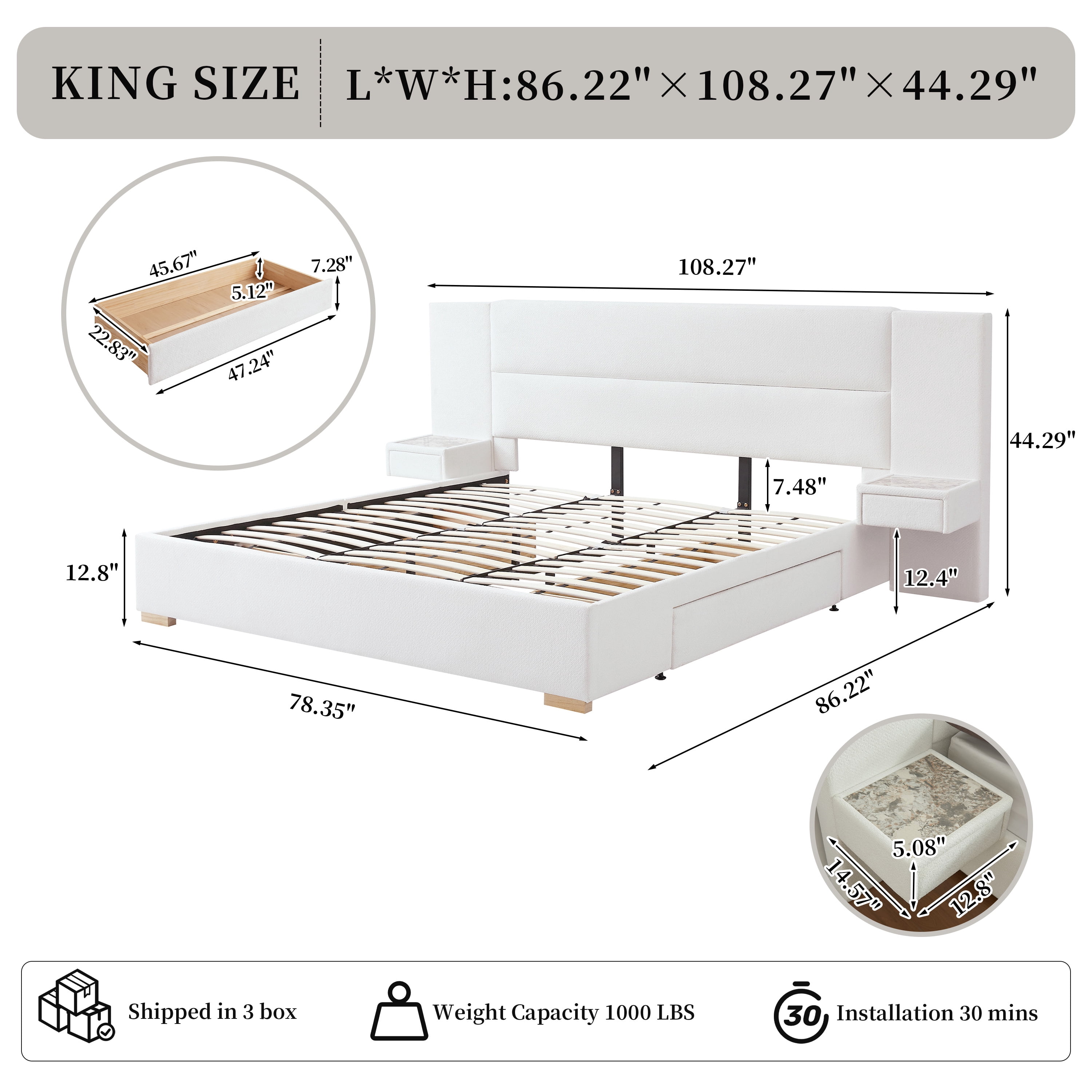 King Size Bed Frame Upholstered Platform Bed with Two Large Storage Drawers, Linen Fabric, Wooden Slat Support, Mattress Foundation, No Box Spring Needed, Noise-Free, Easy Assembly, White