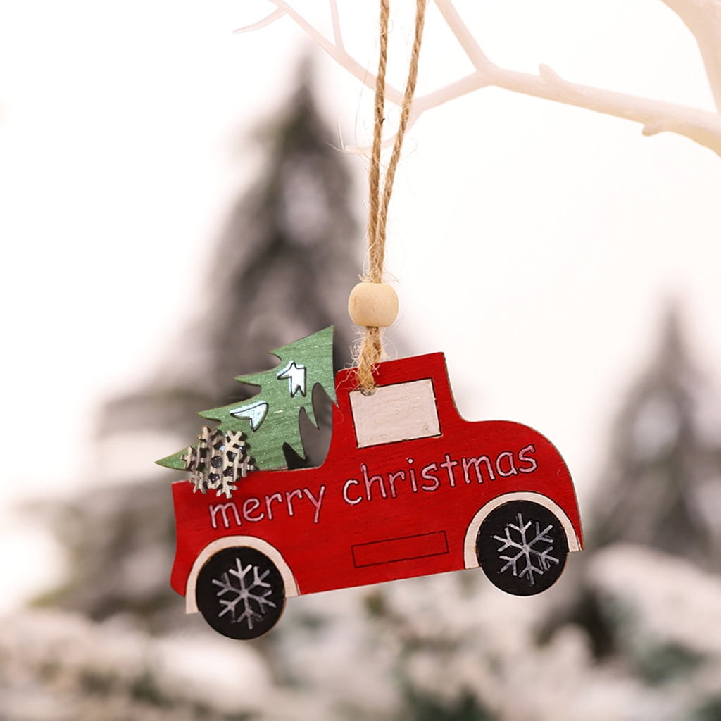 2Pcs Christmas Wooden Painted Car Pendant Door Decorations Home Party Ornaments 