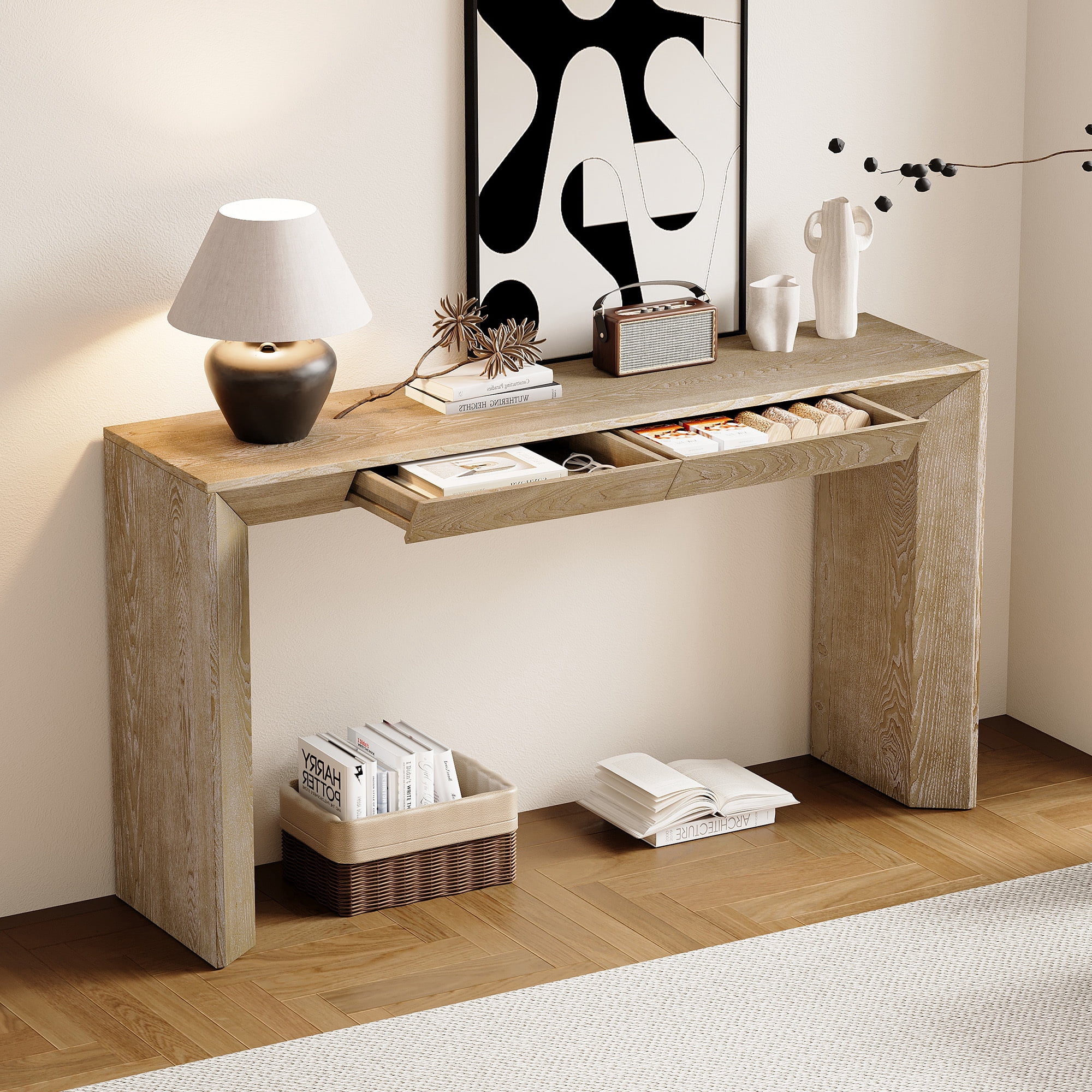 EUROCO 60" Modern Console Table with 2 Concealed Drawers, Entryway Table with Waterfall Design for Living Room, Entryway & Hallway,Natural