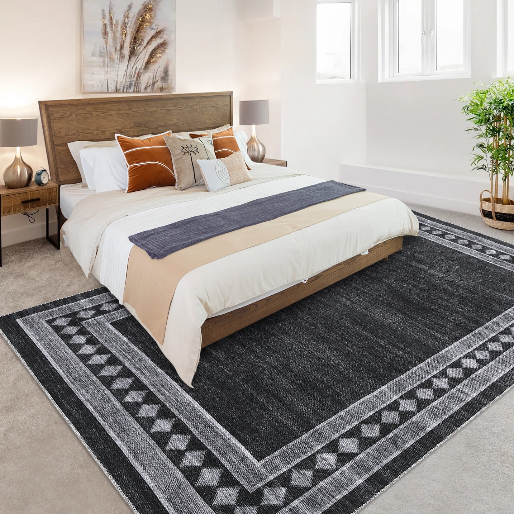 Garvee 10'x13' Modern Area Rug Solid Bordered Rugs, Washable Geometric Neutral Accent Carpet with Non-Slip Backing, Low Pile Stain-Resistant Rug for Living Room Dining Room Home Office, Black