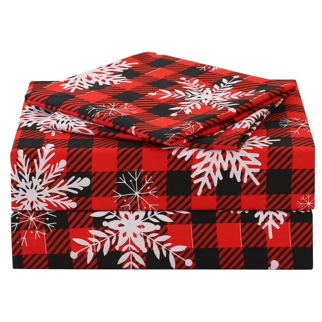 Juego de sábanas JSD Red Buffalo Plaid Snowflakes, tamaño completo, 4 piezas