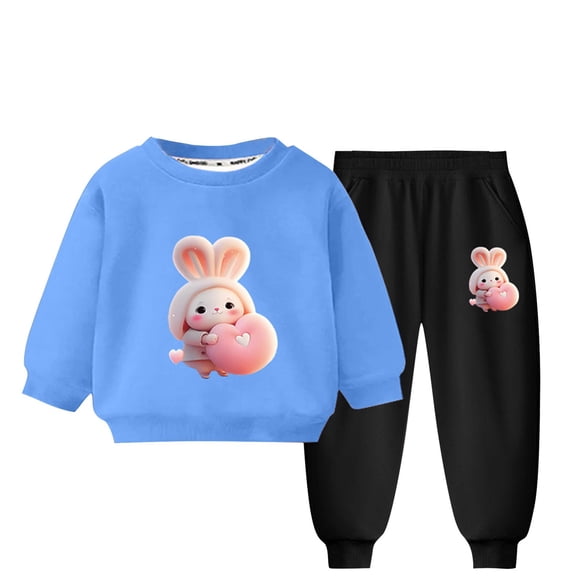 Zwiiyzr 2025 3-10 Ans Vêtements Bébé Garçon Fille Chaud Doublé Polaire Imprimé Lapin Sweat à Manches Longues Hauts et Pantalons Ensemble Vêtements Hiver Automne Bleu Clair