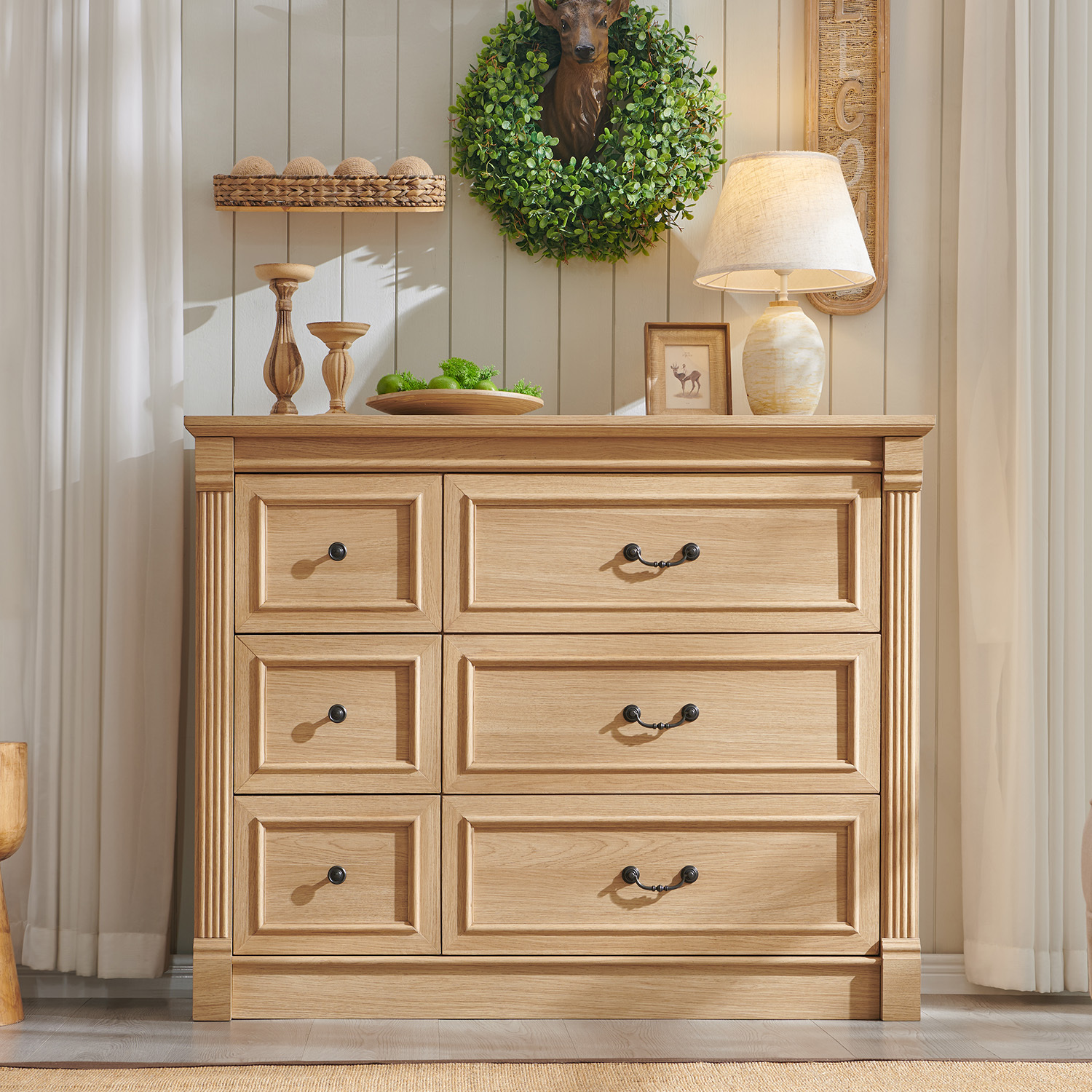 wow97e Farmhouse 6 Drawers Dresser for Bedroom, 48" Wide Wooden Chest of Drawers w/Roman Column, Storage Dressers for Hallway, Living Room