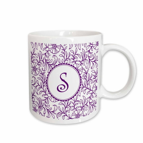 3drose, Letter S in Circle over Swirly Floral Pattern in Purple and White, 15oz Mug